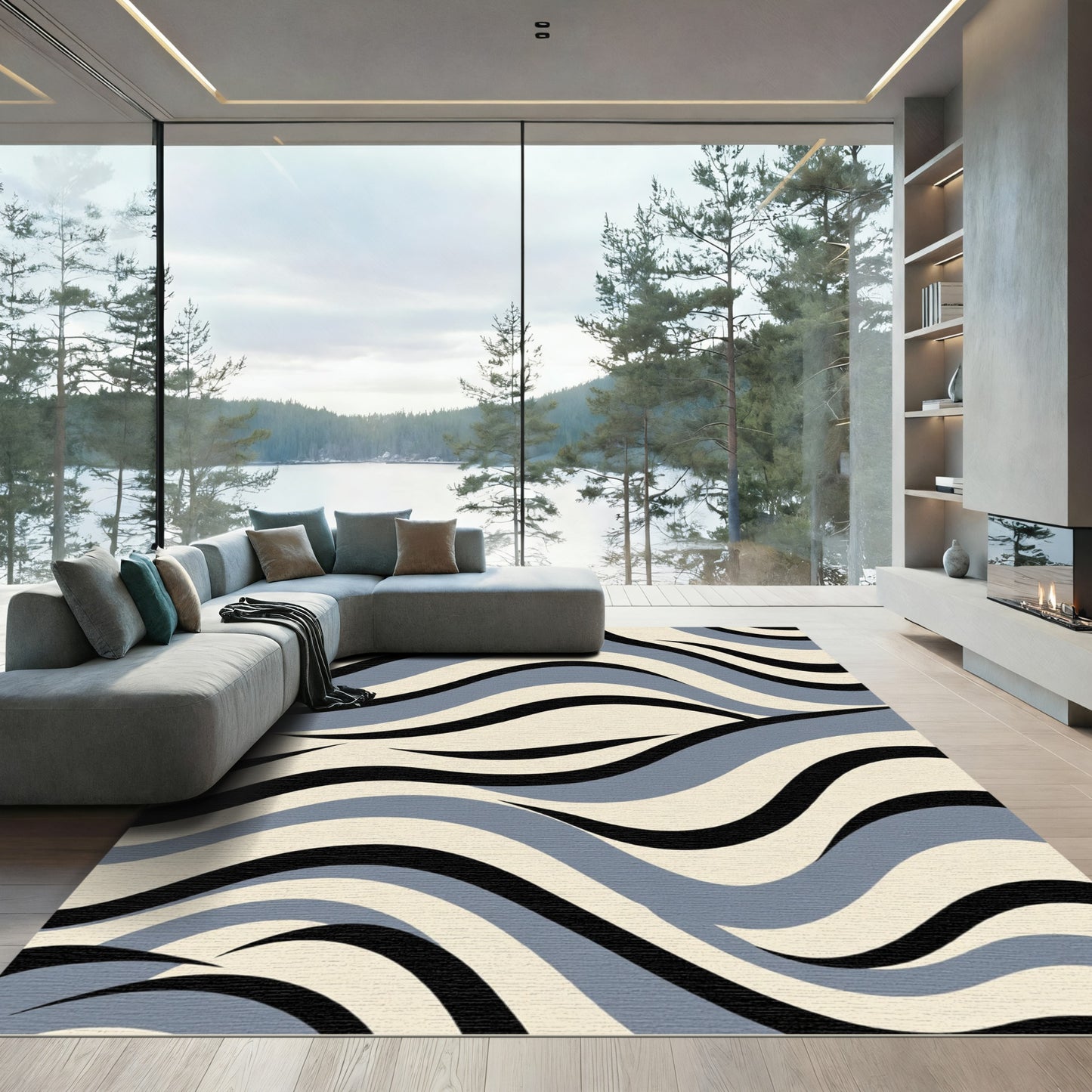 Grey Beige Black Abstract Wavy Rug