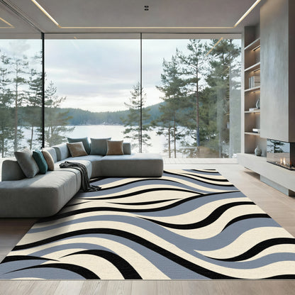 Grey Beige Black Abstract Wavy Rug
