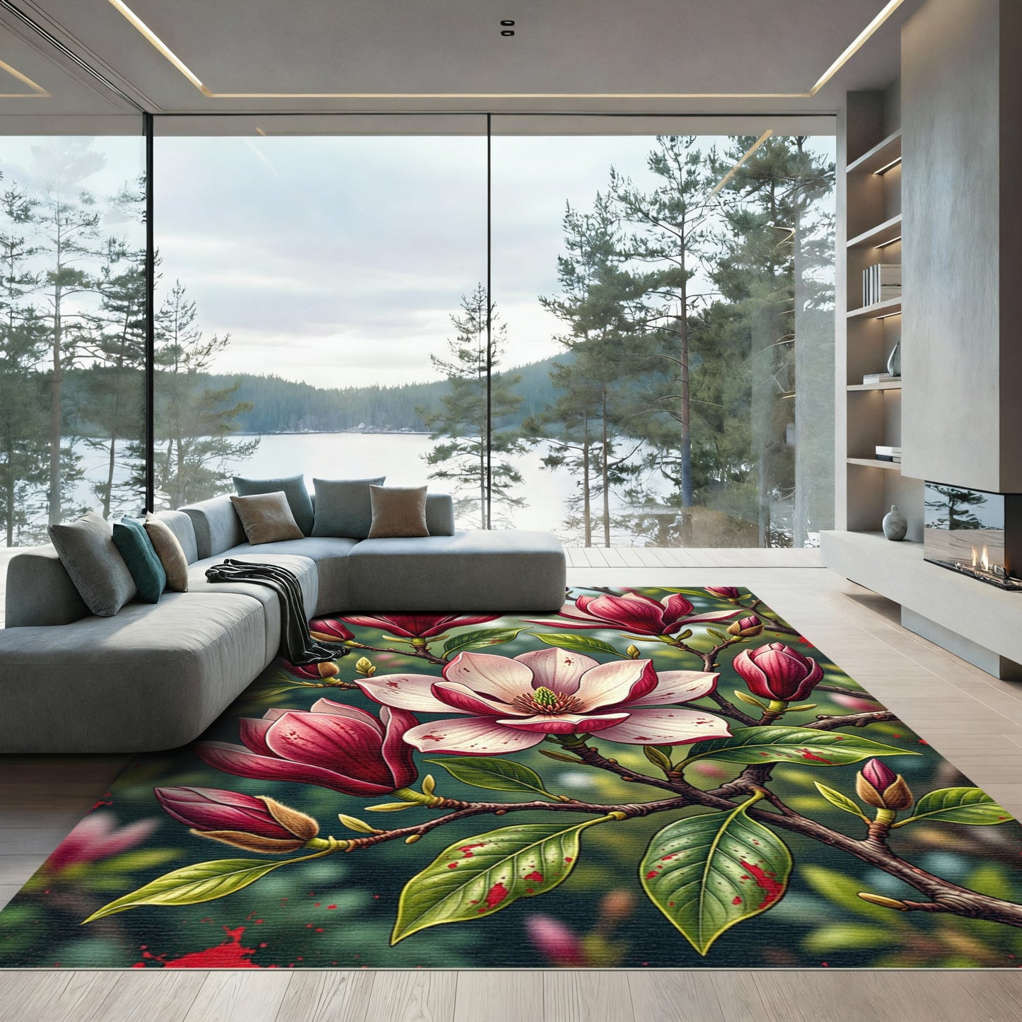 Elegant Pink Magnolia Blossoms Branch Rug