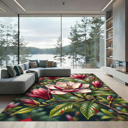 Elegant Pink Magnolia Blossoms Branch Rug