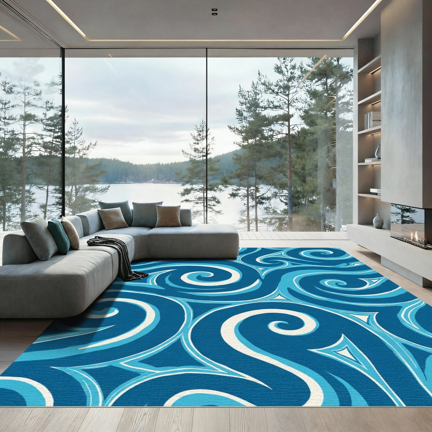 Deep Blue Swirl Water Abstract Rug