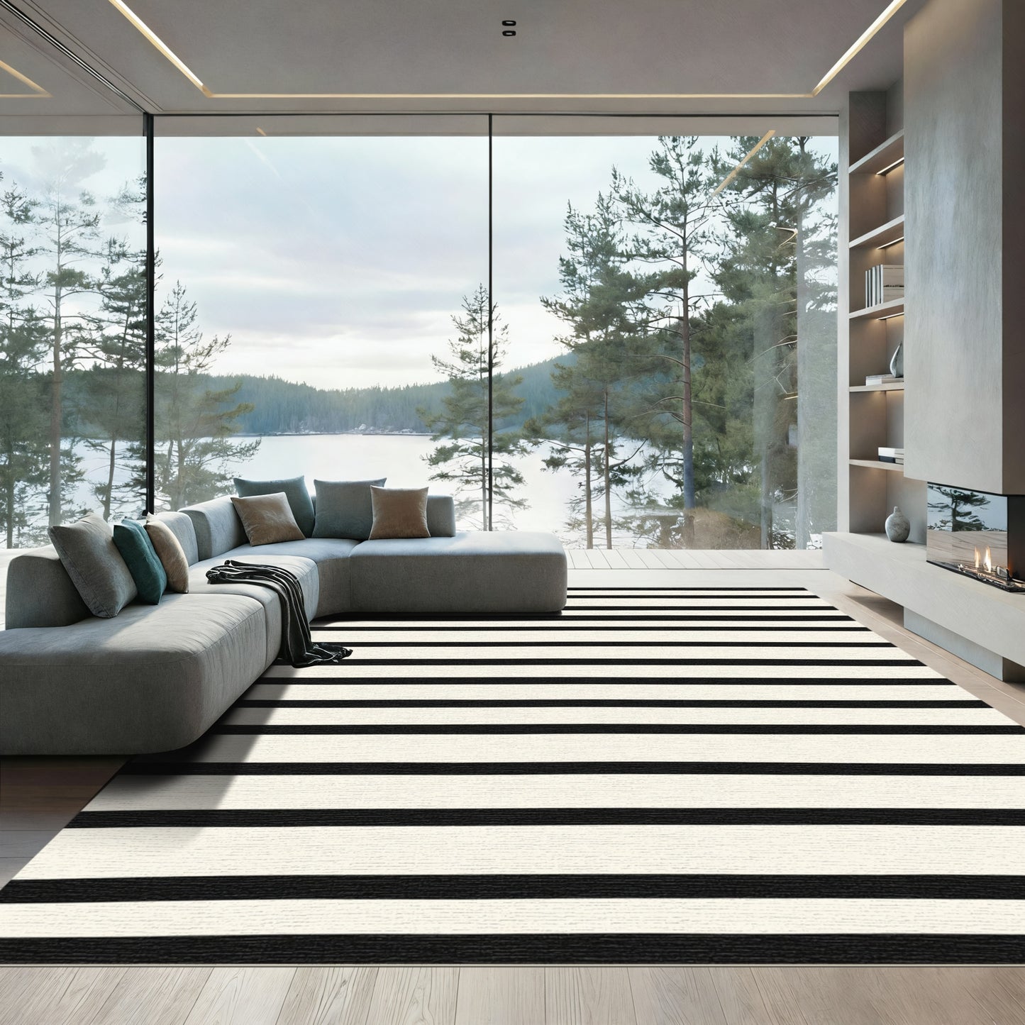 Bold Cream Black Linear Bands Rug