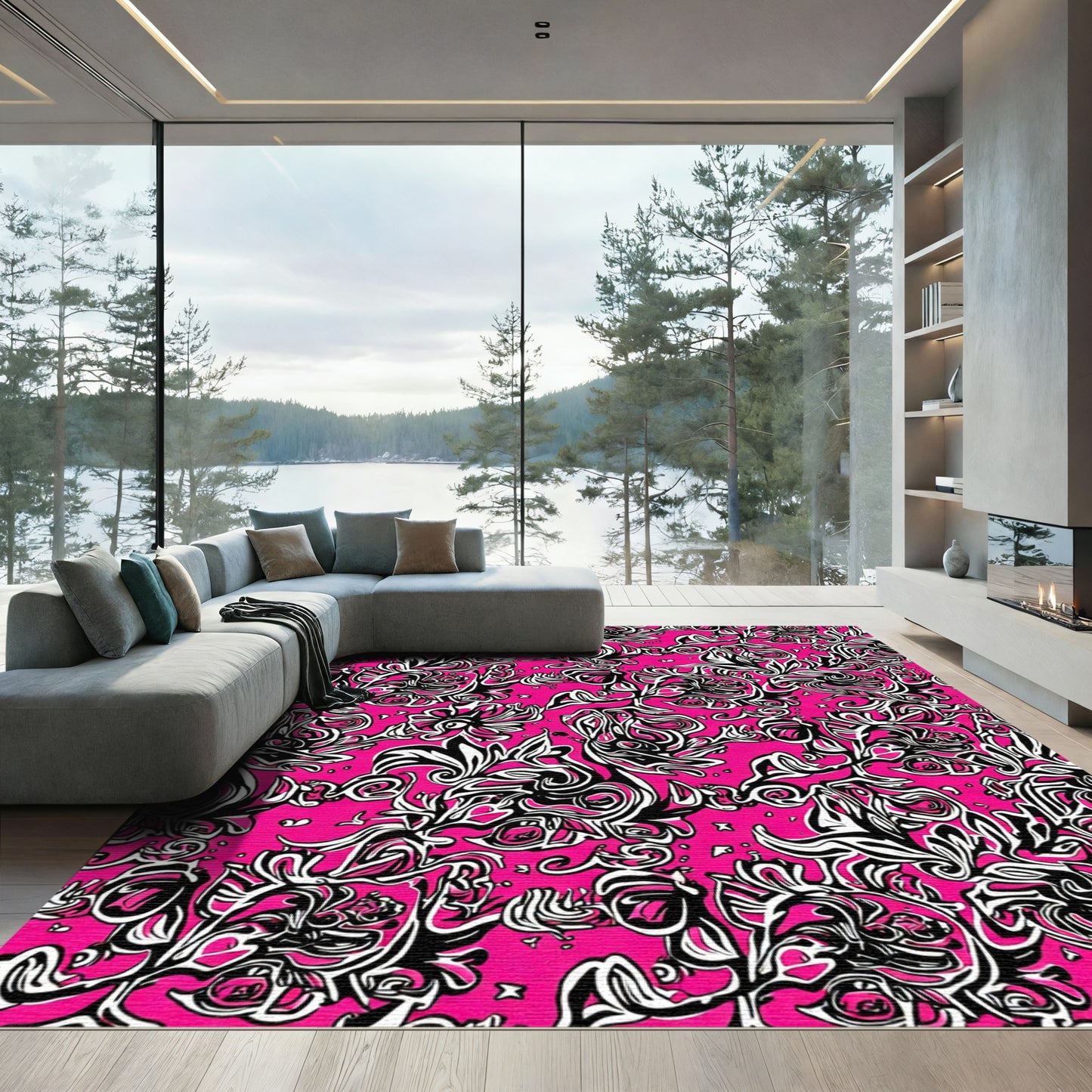 Hot Pink Abstract Floral Swirl Rug