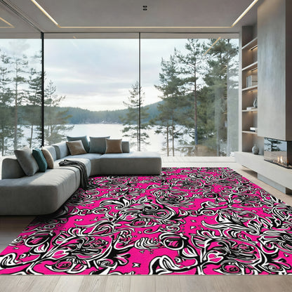Hot Pink Abstract Floral Swirl Rug