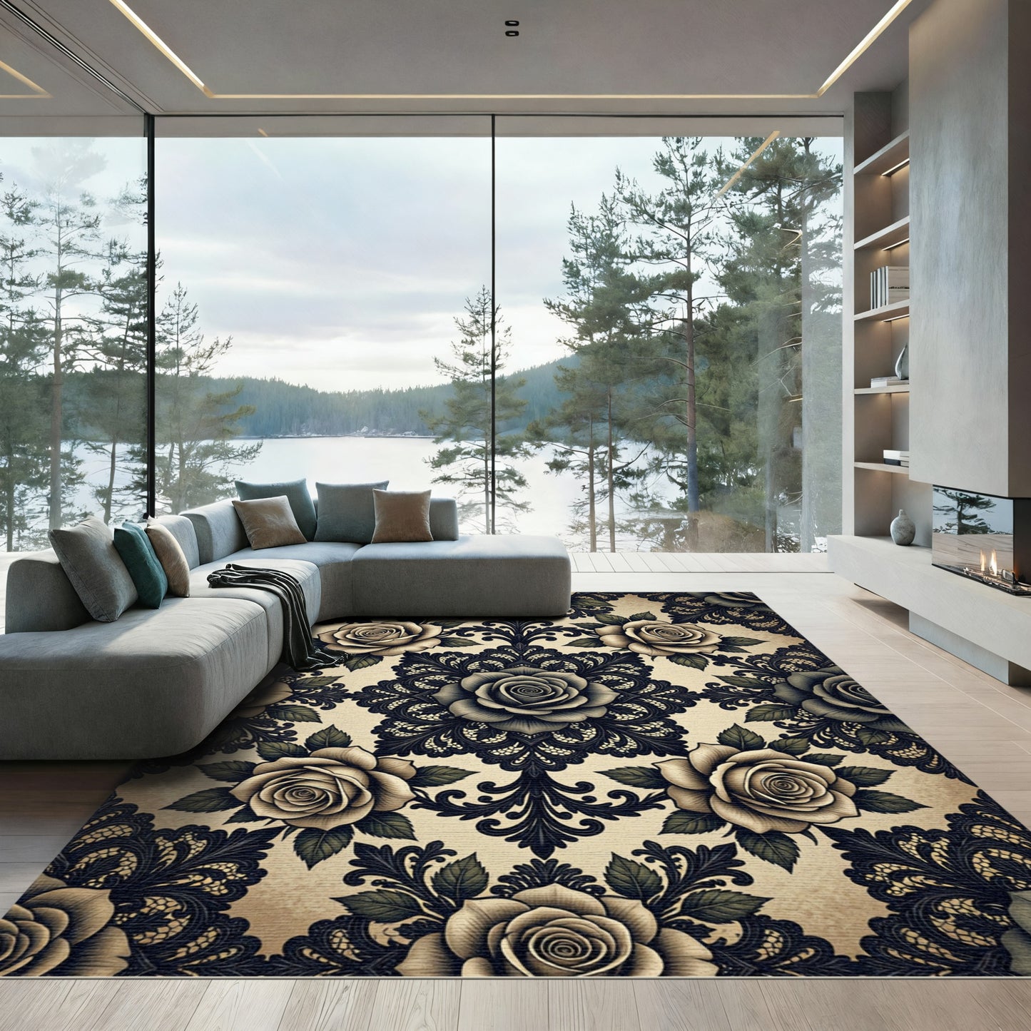 Vintage Black Floral Damask Rose Scroll Rug
