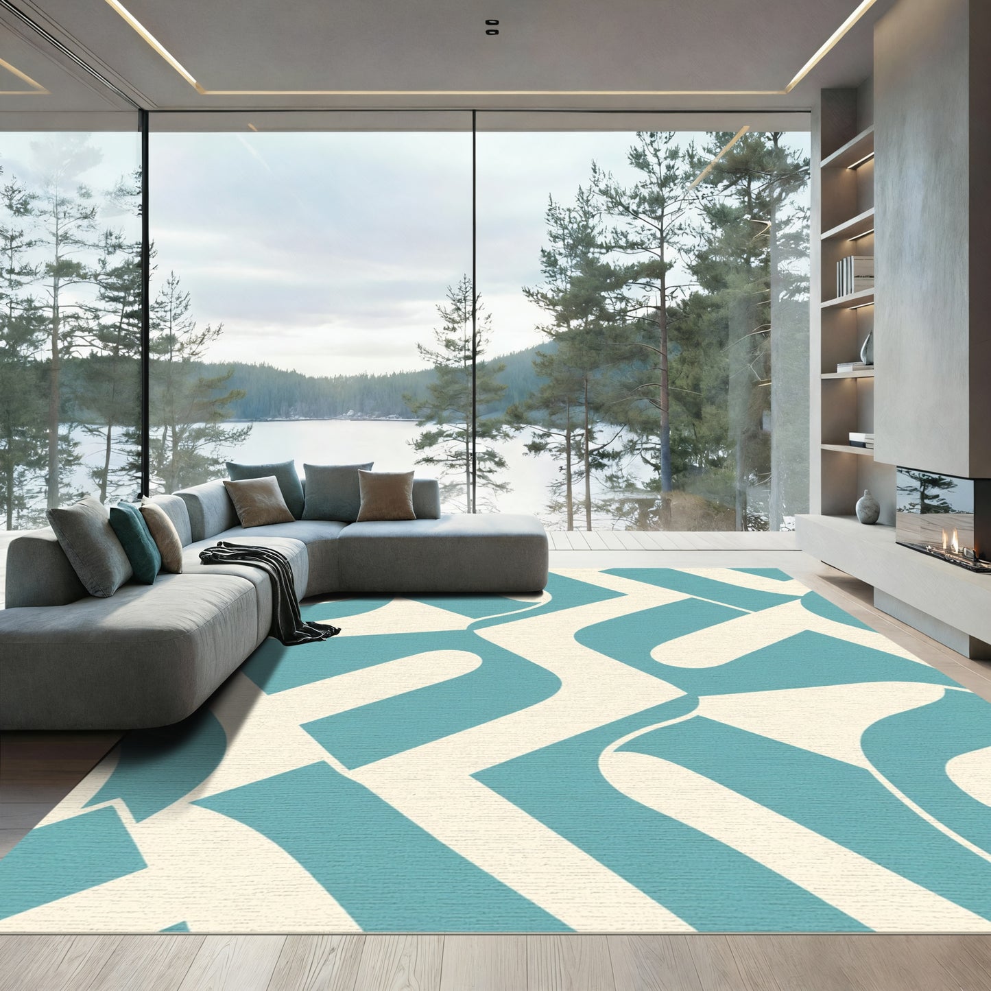 Teal Cream Abstract Interlocking Waves Rug