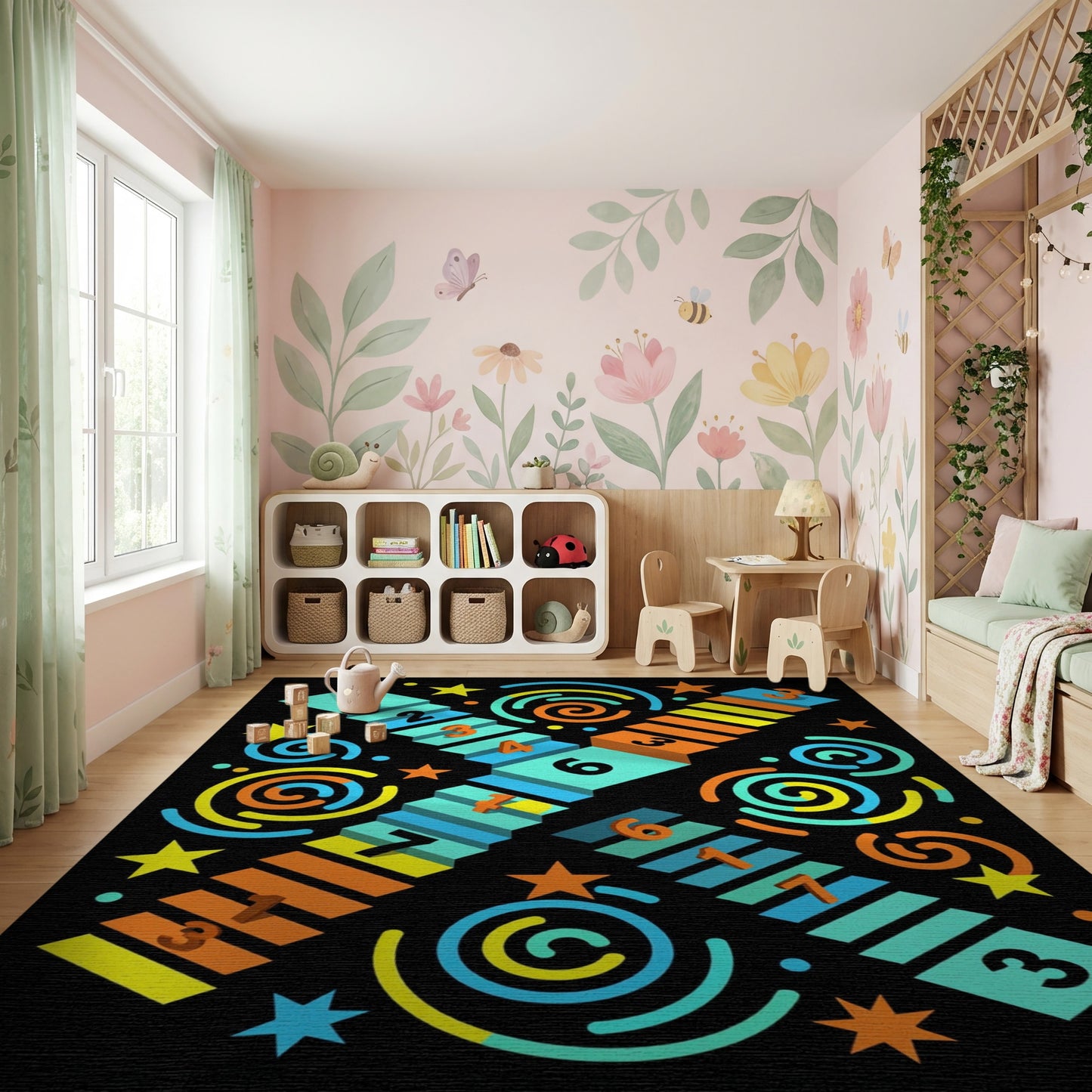 Playful Multicolor Numbered Circles Squares Rug