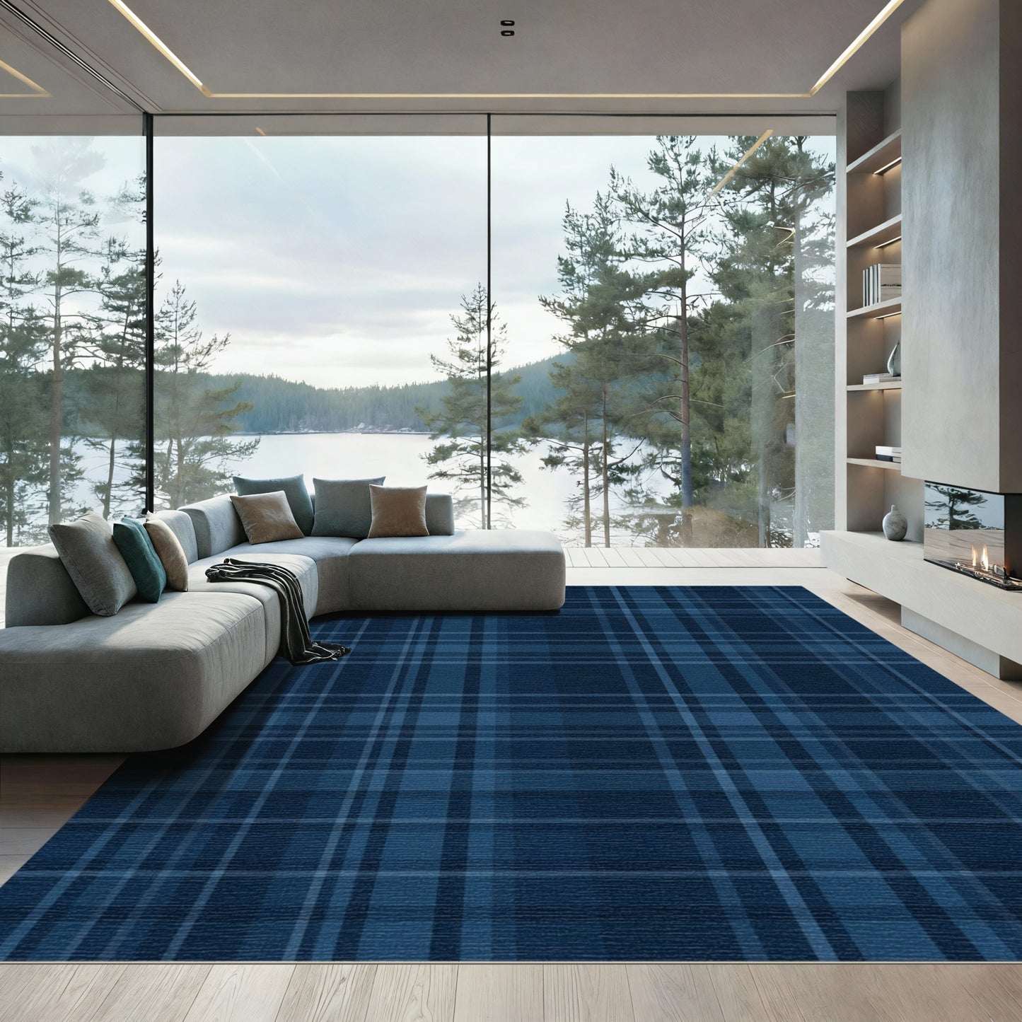 Classic Navy Blue Plaid Harmony Rug