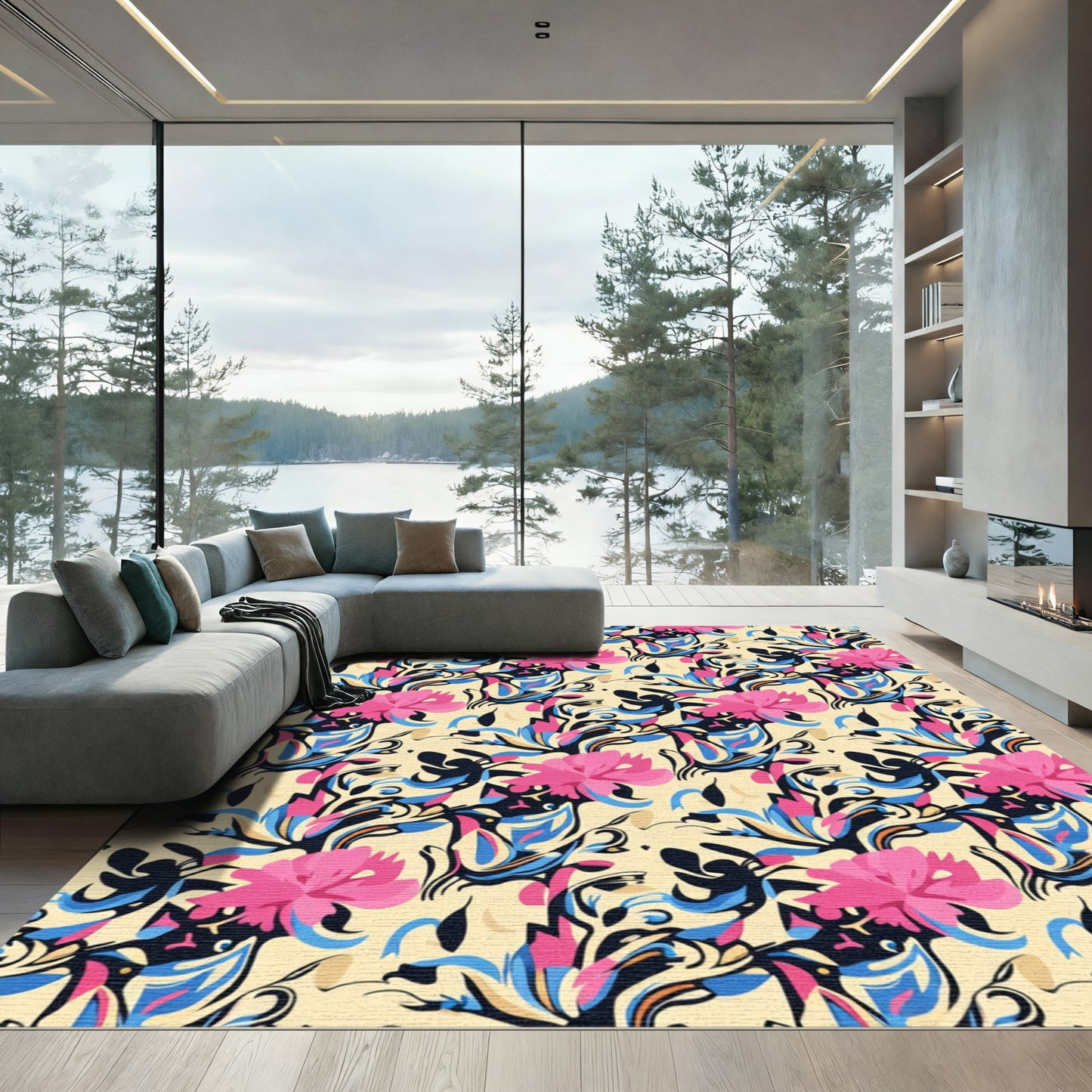 Pink Cream Abstract Floral Swirl Rug