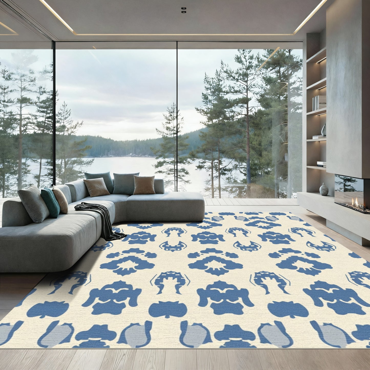 Blue Ivory Abstract Damask Rug