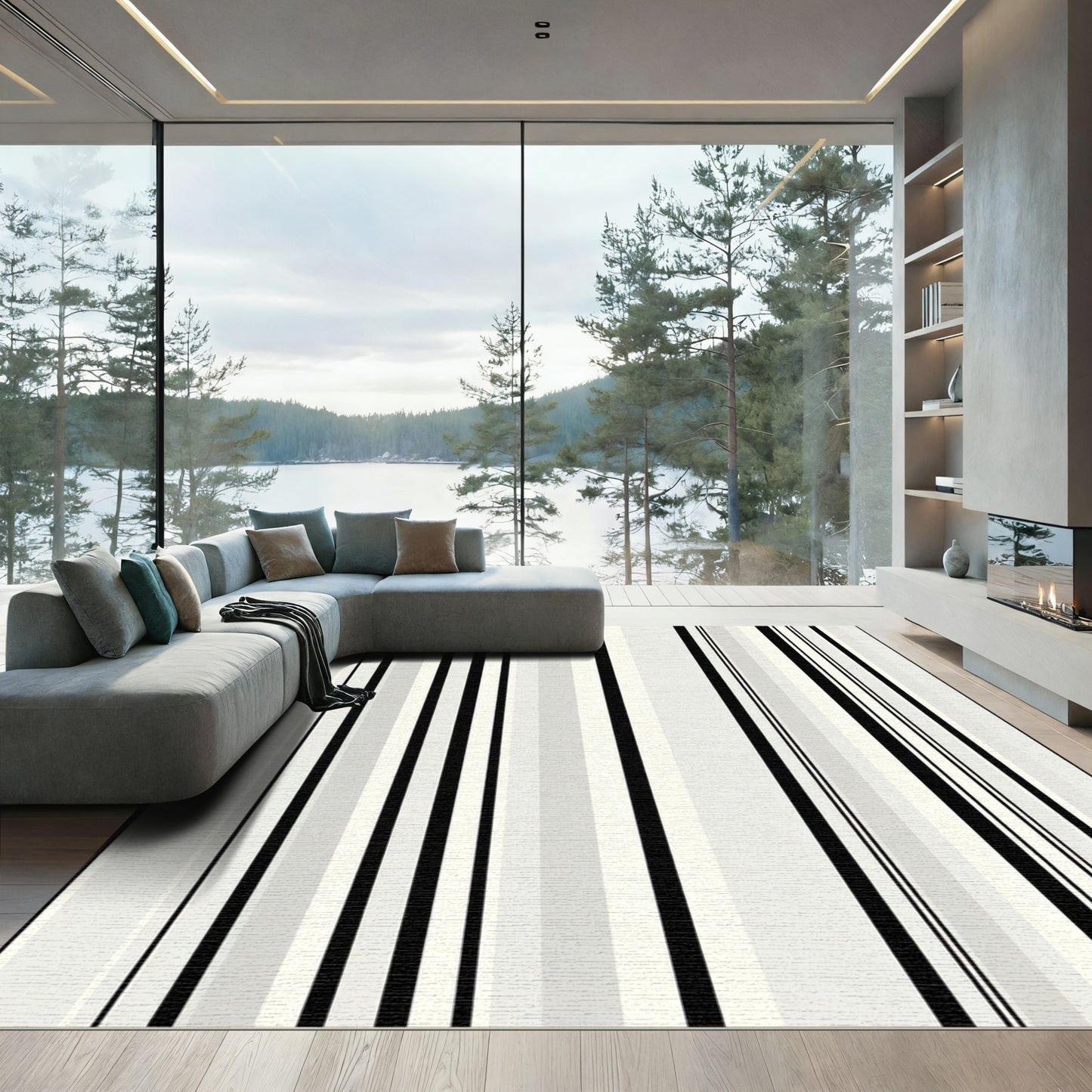 Black Gray White Vertical Stripe Rug