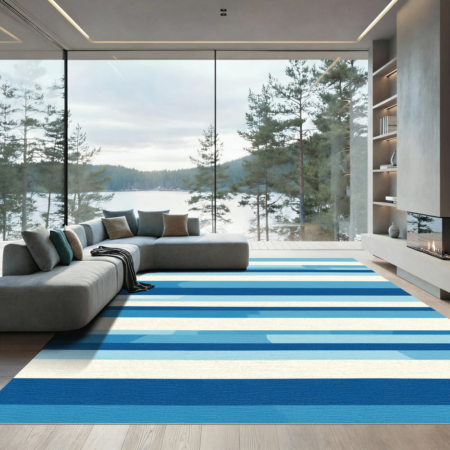 Navy White Stripe Layered Effect Rug