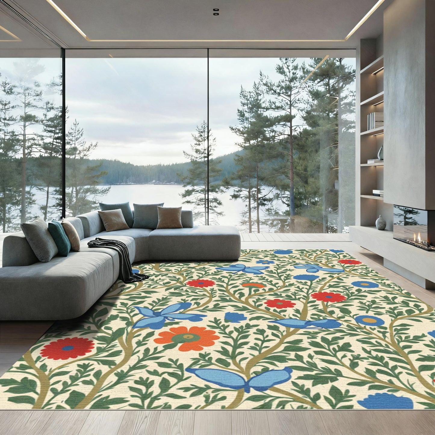 Crimson Blue Butterfly Botanical Vines Rug