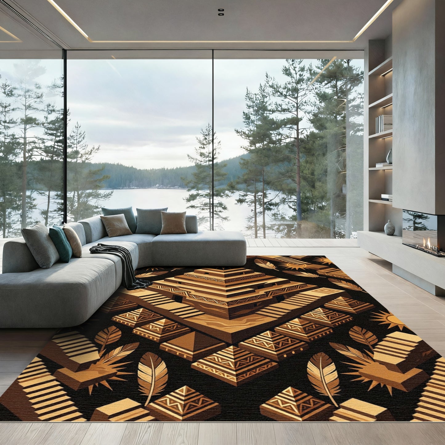 Aztec Golden Sun Pyramid Geo Rug