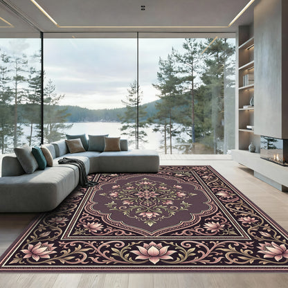 Ornate Pink Lotus Floral Frame Rug