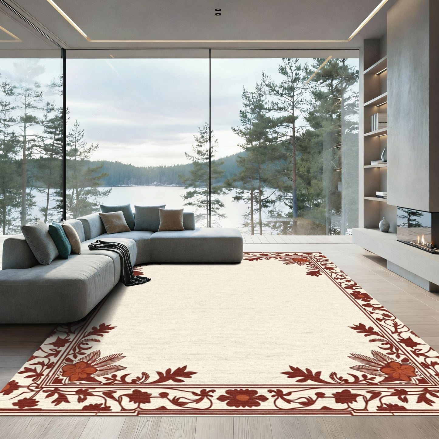 Rich Sienna Floral Scroll Border Rug