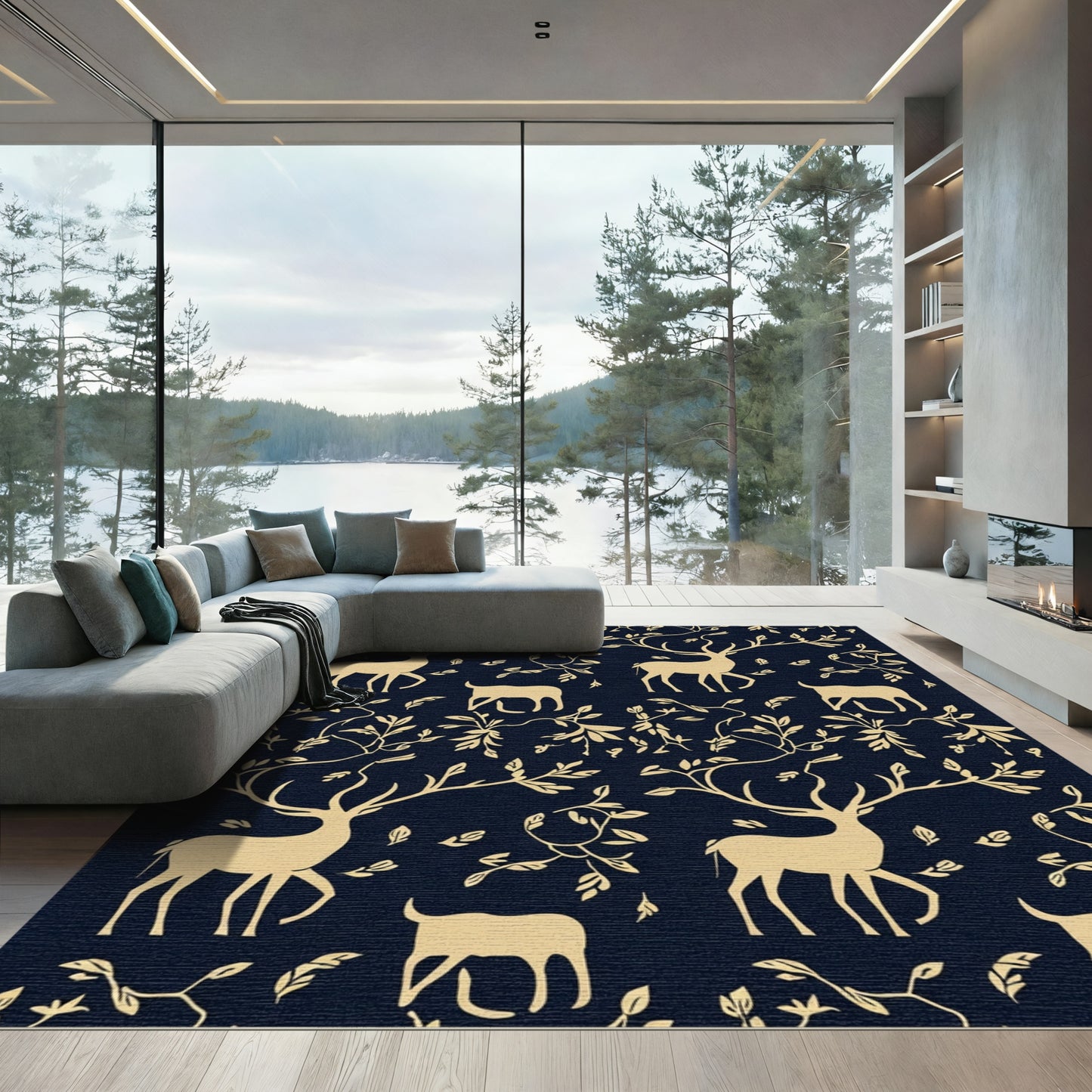 Golden Deer Forest Silhouette Arrangement Rug