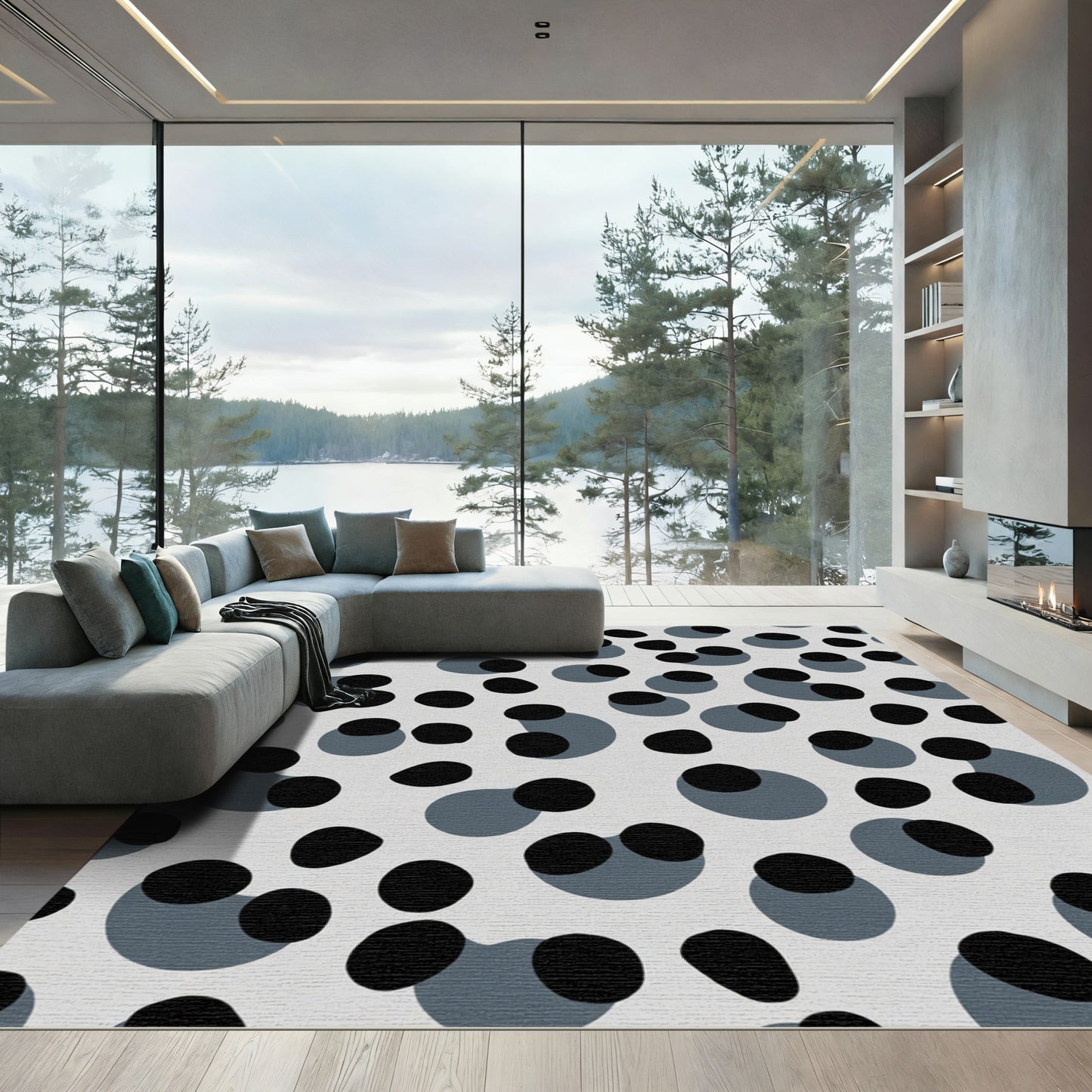 Cool Gray Black Circle Scatter Rug