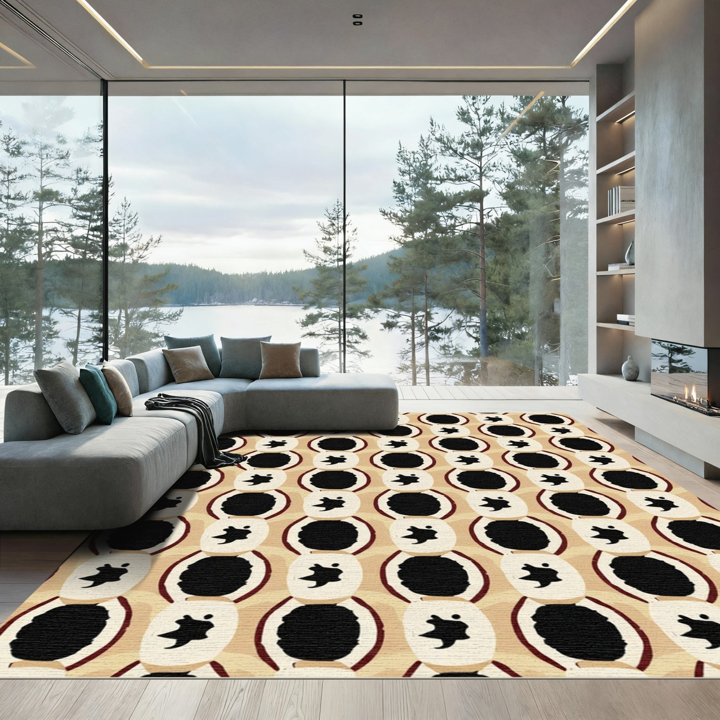 Abstract Beige Ovals Black Figures Rug