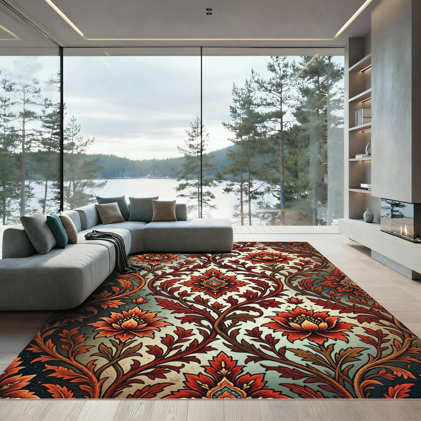 Ornate Crimson Floral Botanical Scroll Rug