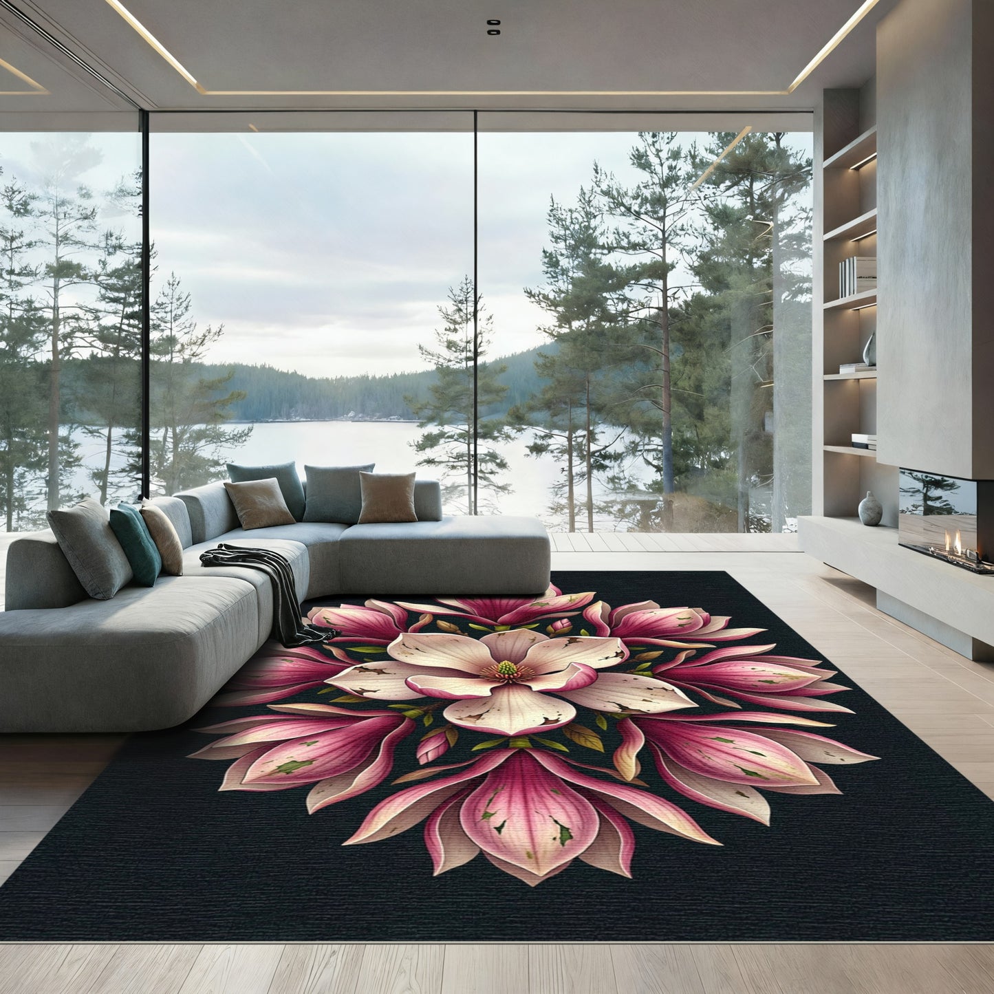 Elegant Pink Magnolia Floral Medallion Rug