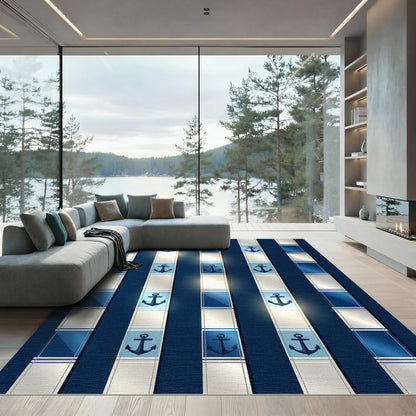 Navy Striped Nautical Anchor Rug