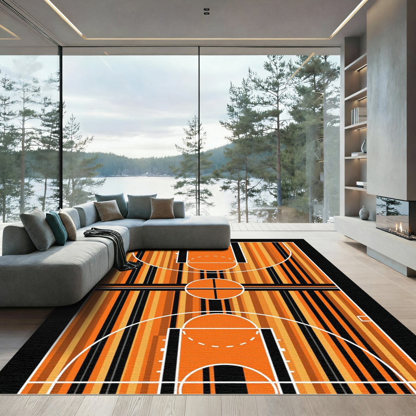Modern Basketball Court Orange Black Striped Area Rug