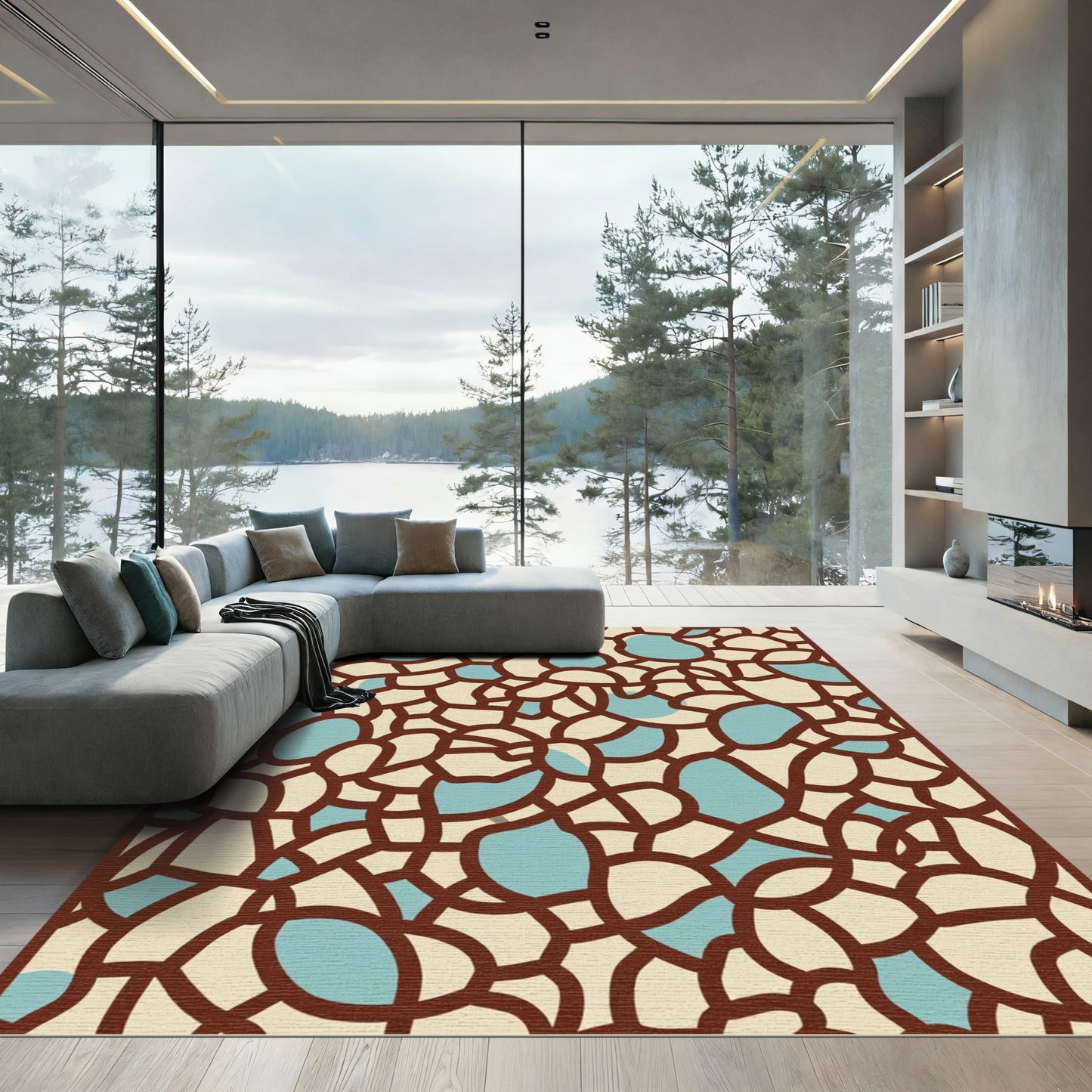 Abstract Organic Shapes Tan Blue Rug