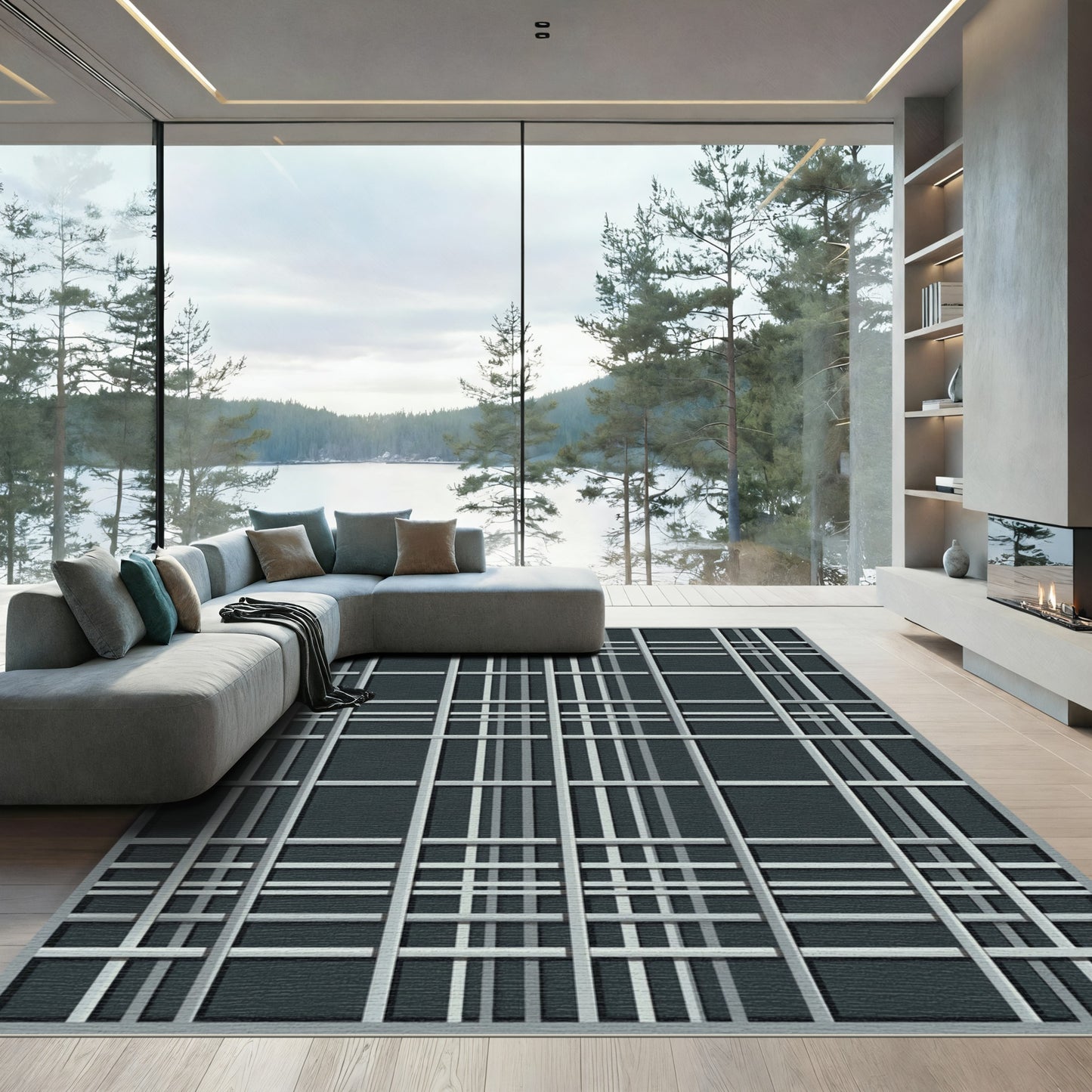 Modern Gray Plaid Grid Rug