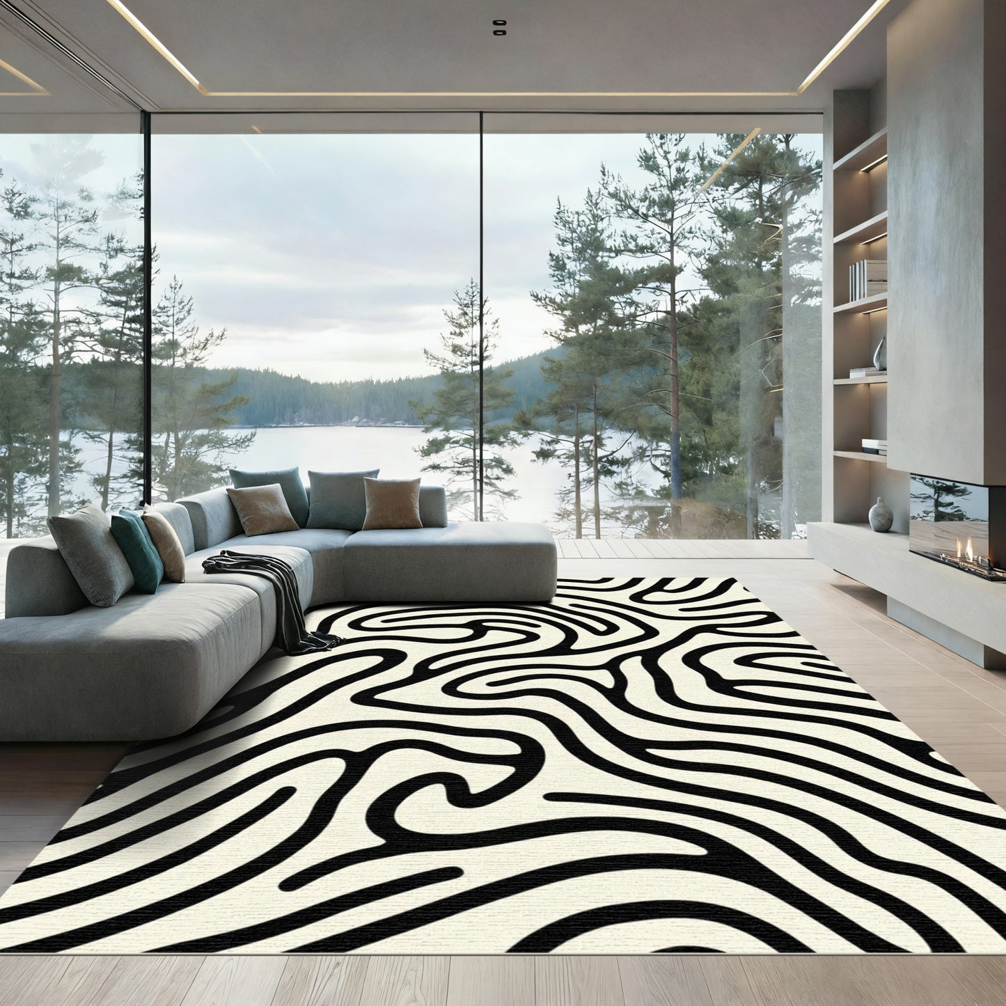 Cream Black Abstract Stripe Rug