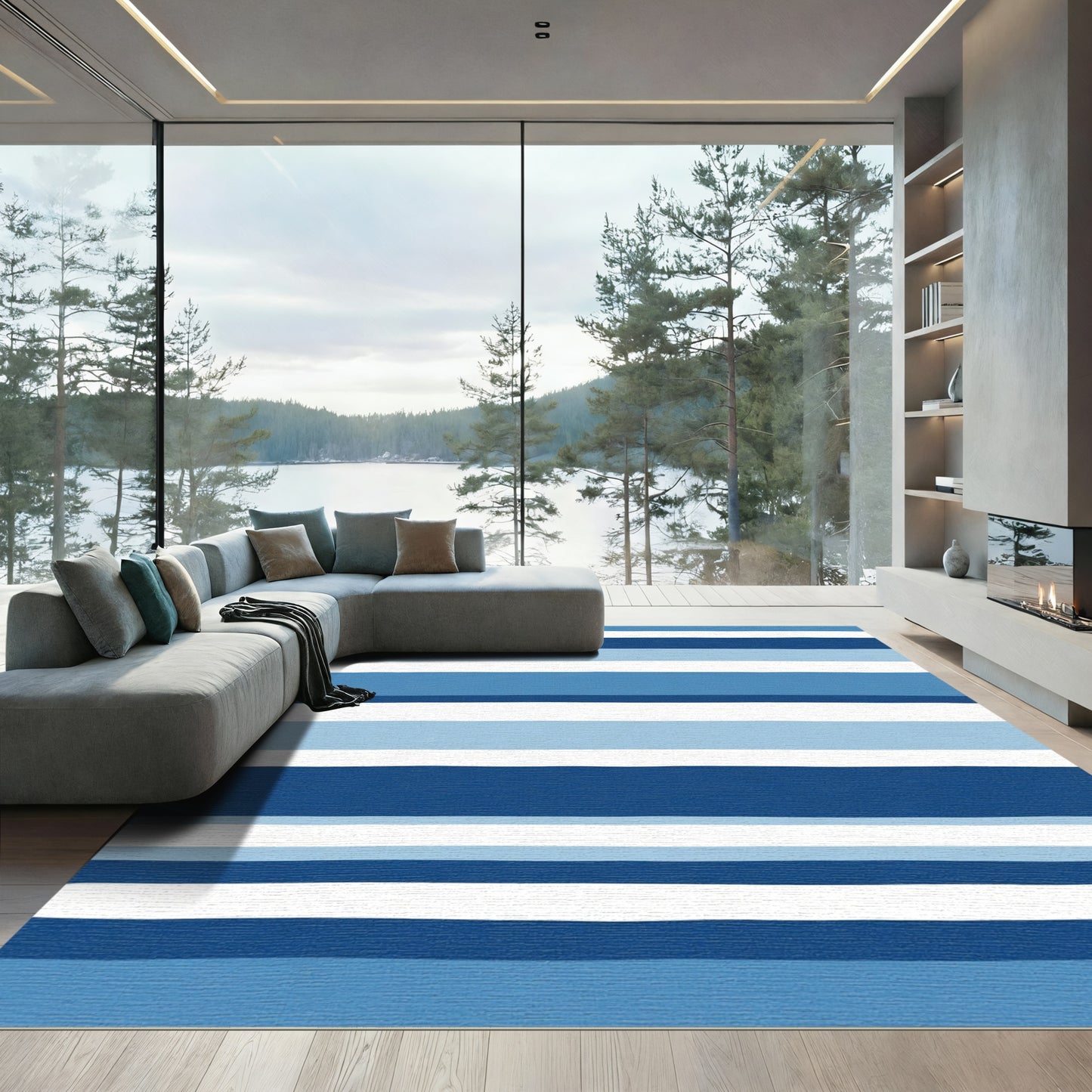 Deep Blue Striped Watercolor Harmony Rug