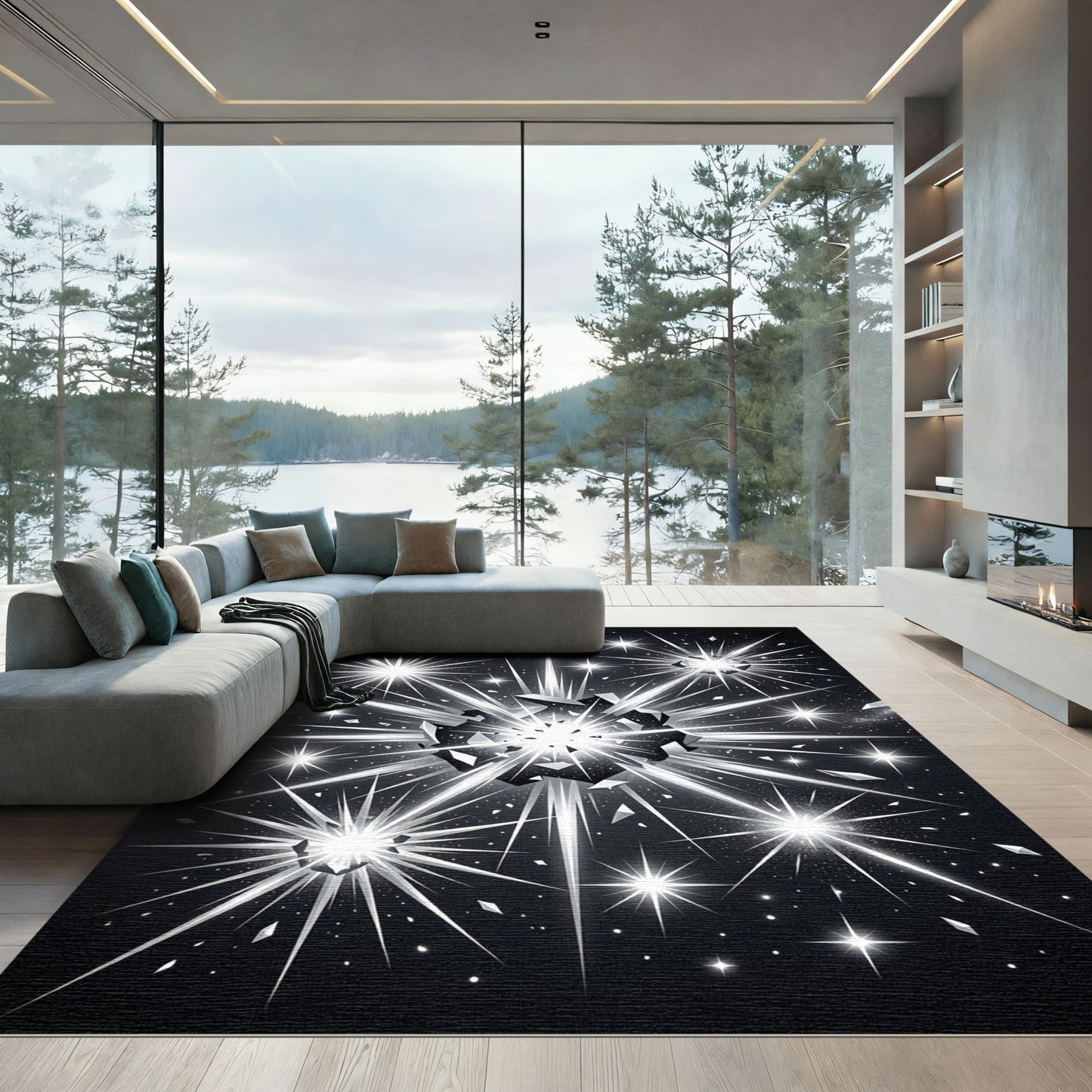 Monochrome Celestial Starburst Abstract Art Rug