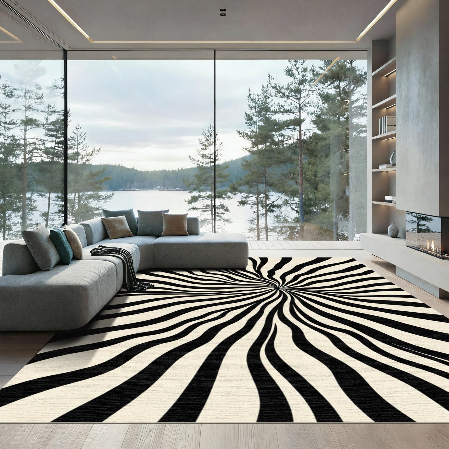Black Cream Distorted Stripe Burst Rug