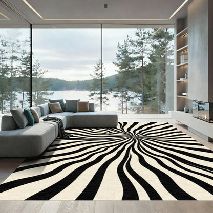 Black Cream Distorted Stripe Burst Rug