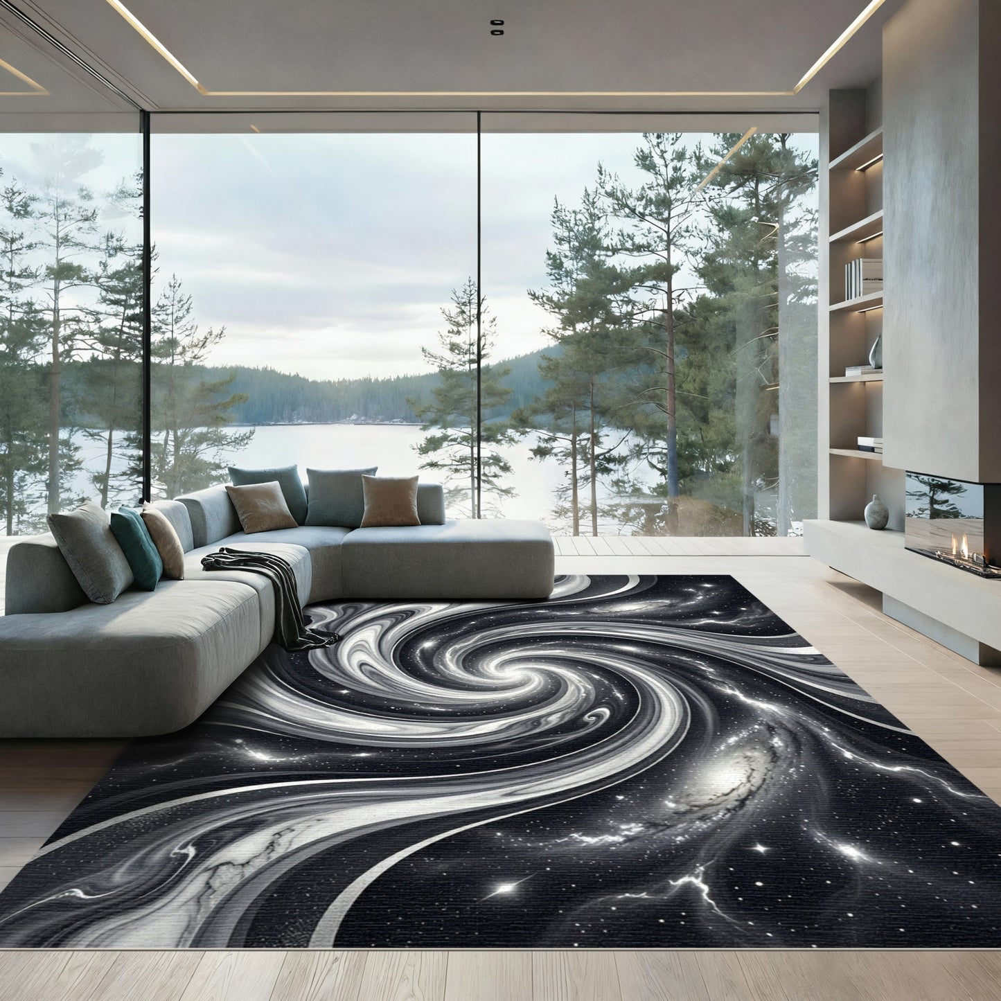 Black White Swirling Galaxy Rug