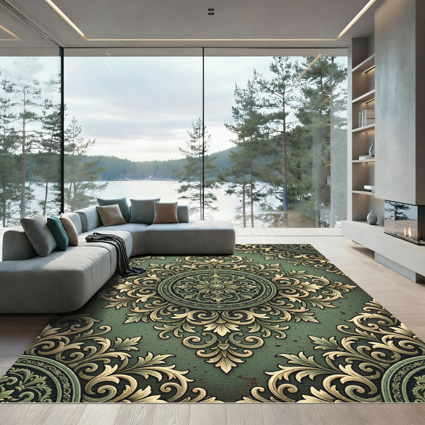 Elegant Sage Green Ornate Damask Medallion Rug