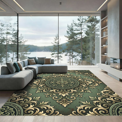 Elegant Sage Green Ornate Damask Medallion Rug