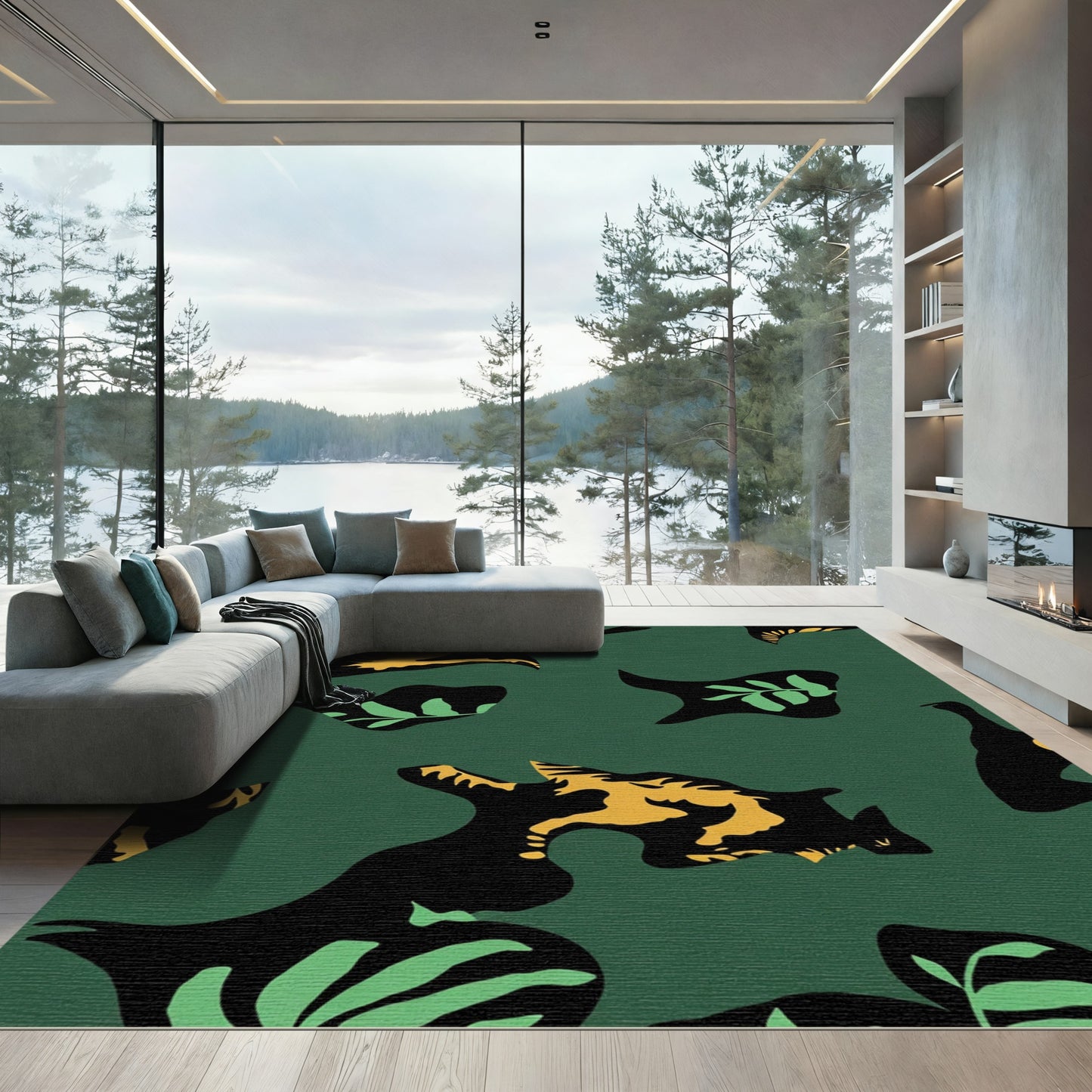 Emerald Black Yellow Abstract Foliage Rug