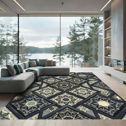 Midnight Anthracite Star Geometric Tile Rug