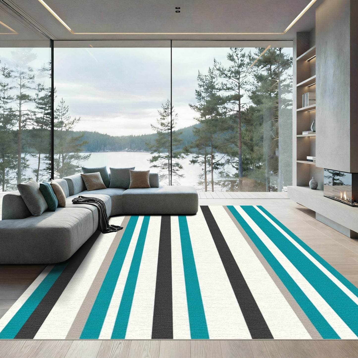 Teal Gray Ivory Stripe Composition Rug