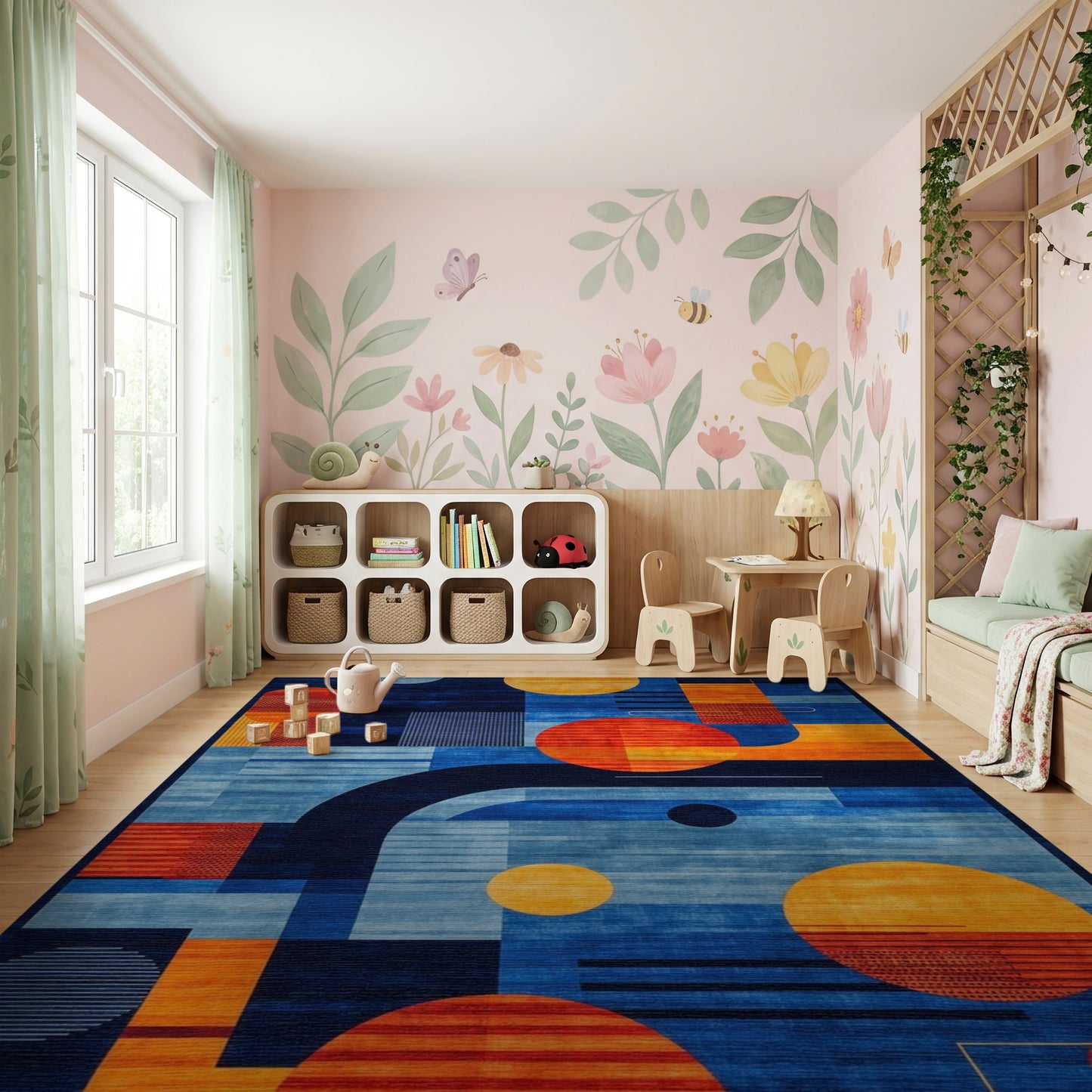 Modern Navy Orange Geometric Circles Rug