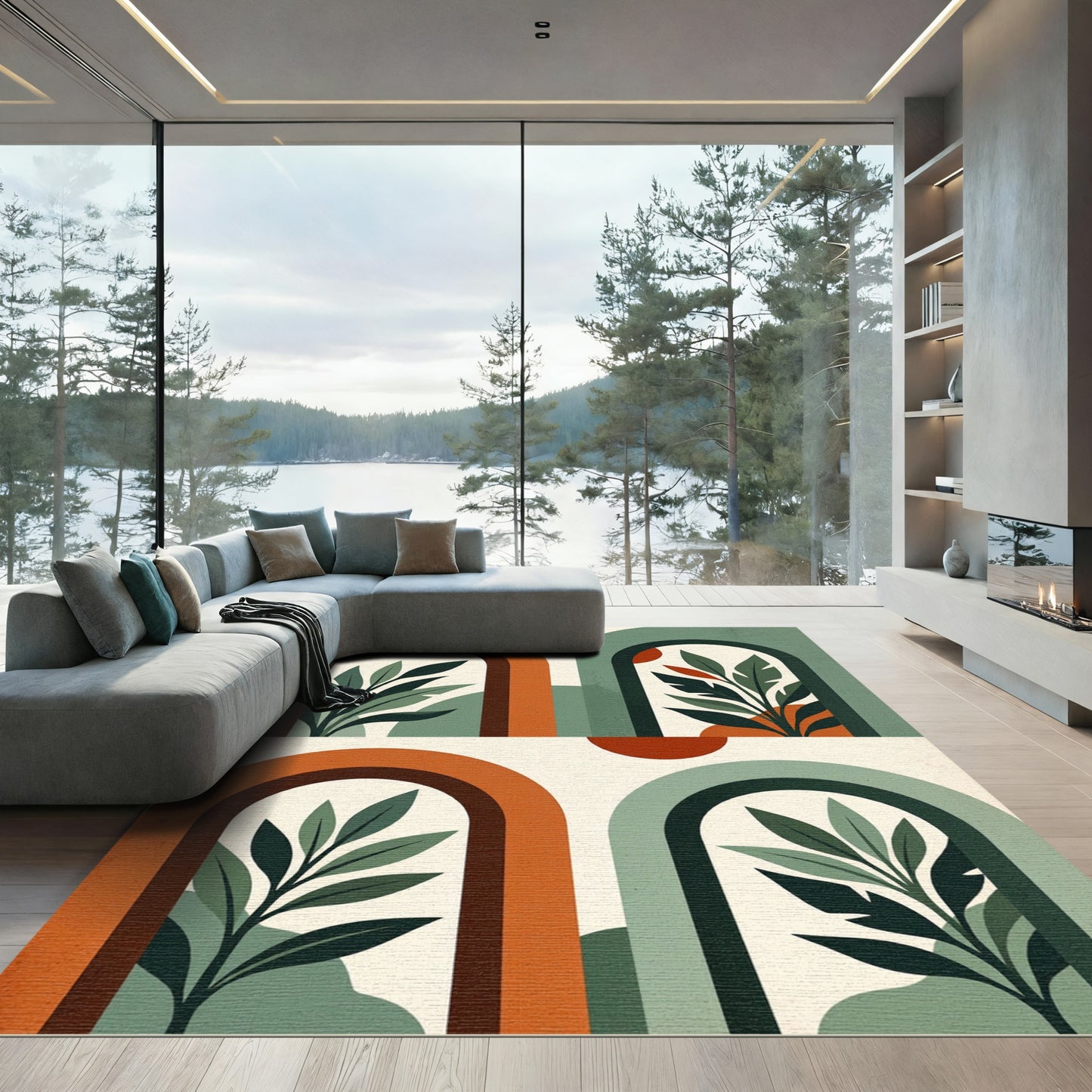 Mid Century Terracotta Green Arch Foliage Rug