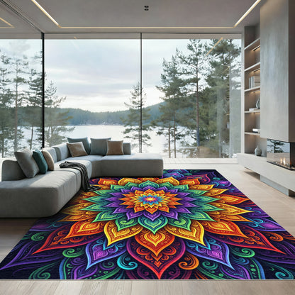 Vibrant Multicolored Radiant Lotus Mandala Rug