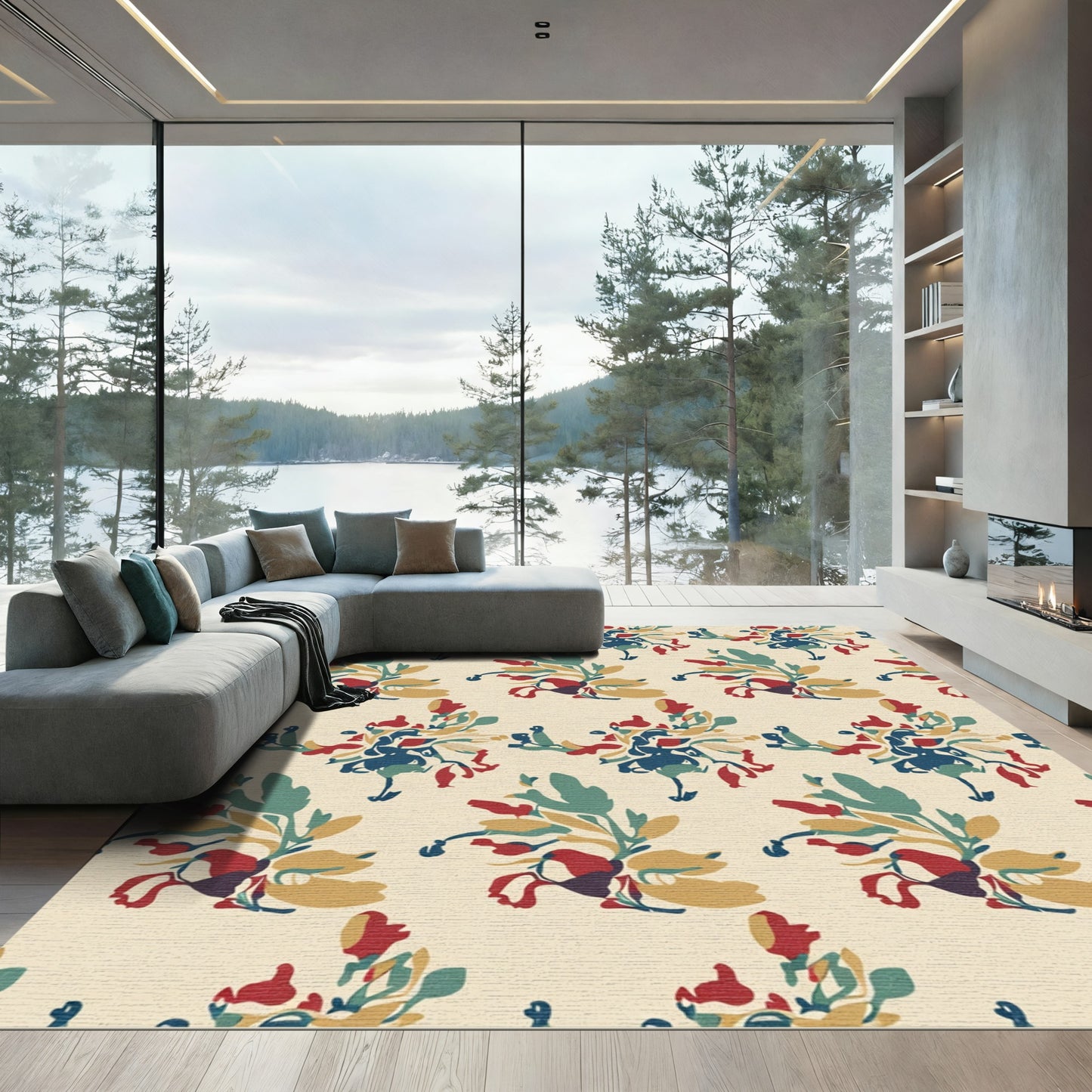 Crimson Teal Yellow Abstract Floral Arrangement Rug