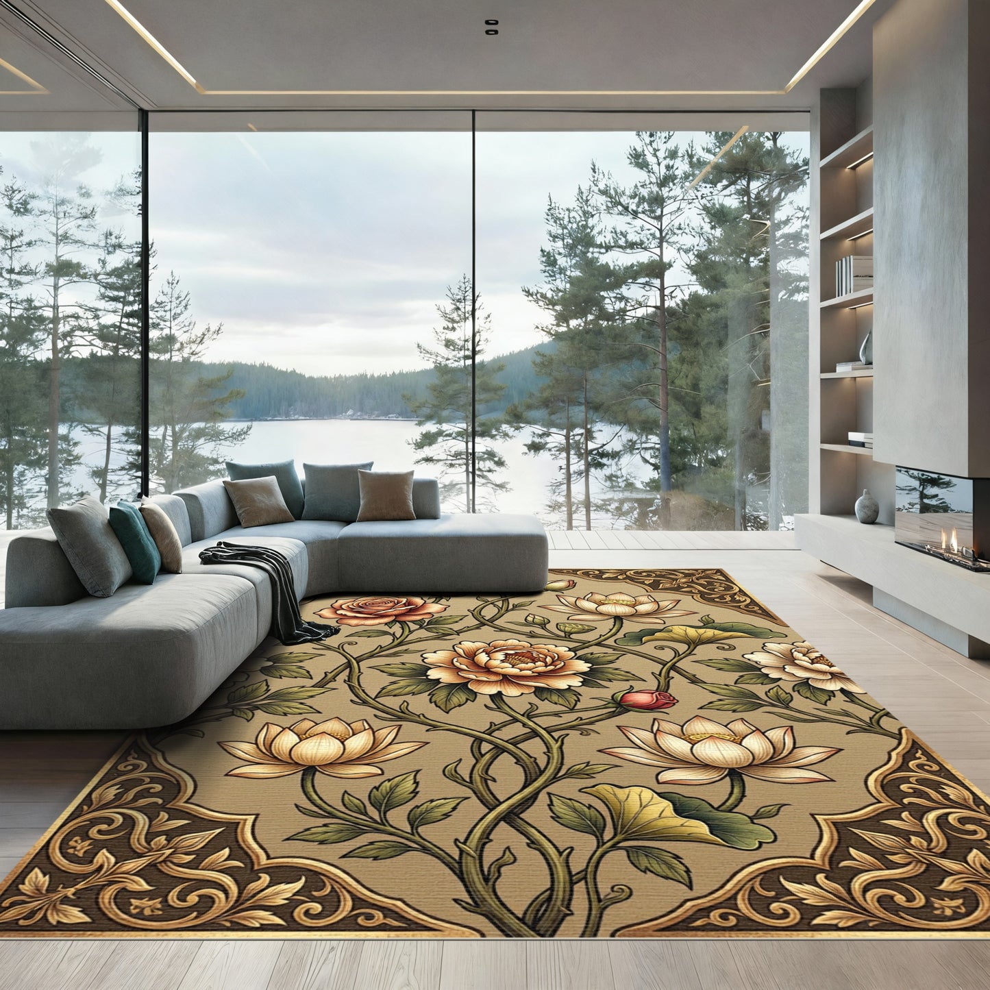 Golden Peach Floral Lotus Vine Rug