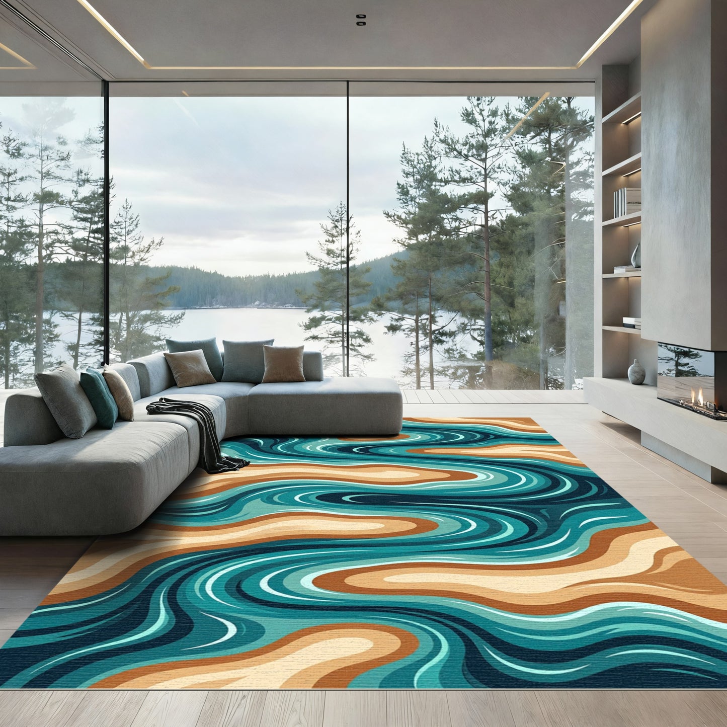 Earthy Teal Fluid Stream Abstract Rug