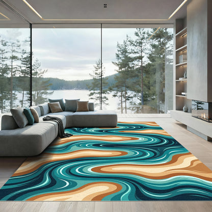 Earthy Teal Fluid Stream Abstract Rug