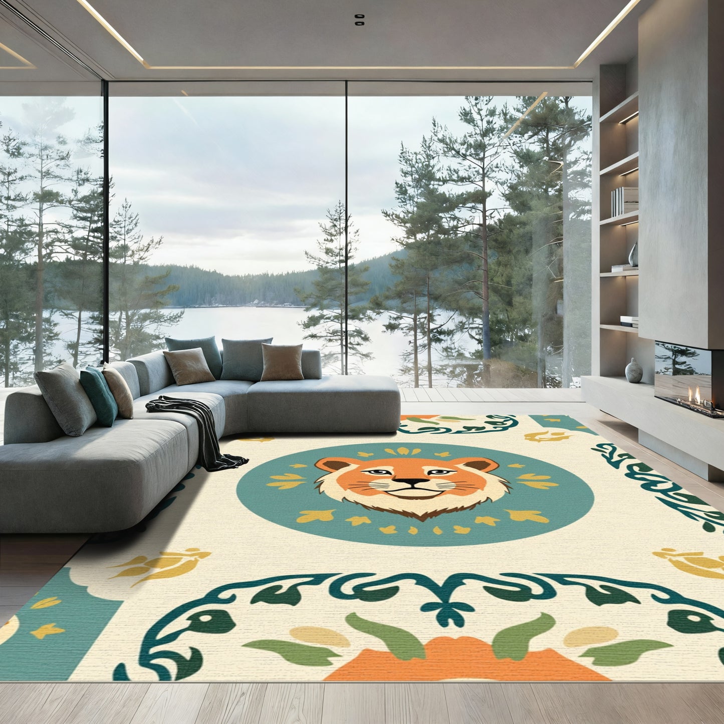 Orange Lion Medallion Aqua Floral Borders Rug
