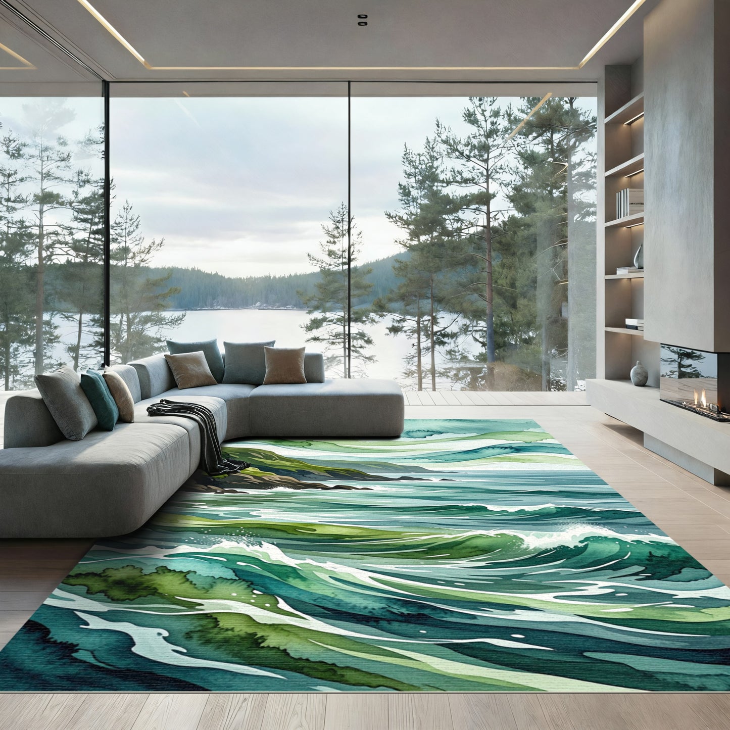 Coastal Teal Green Watercolor Wave Art Rug