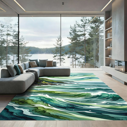 Coastal Teal Green Watercolor Wave Art Rug
